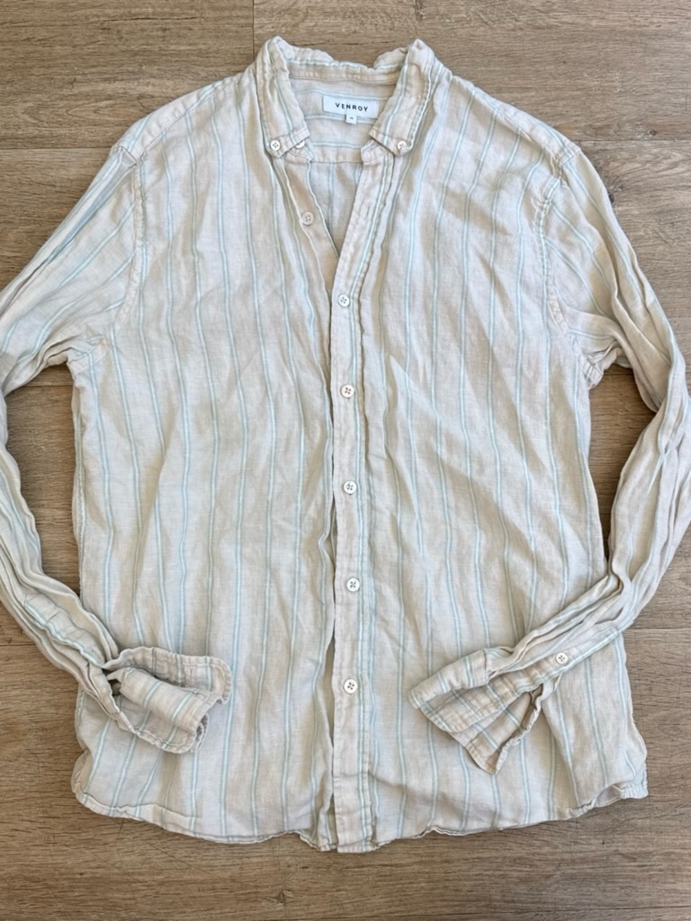 Venroy Bone & Light Teal Button-Down Linen Shirt M